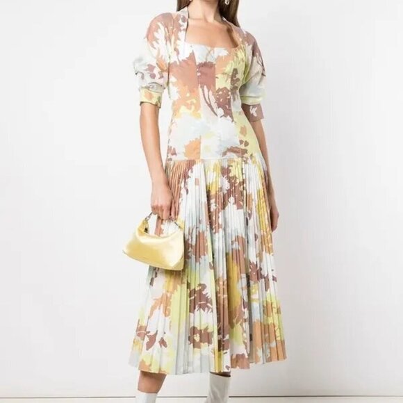 Jonathan Simkhai Dress Sz 8 Iva Midi Pleats Bow Puff Sleeve Drop Waist Cottage - Picture 1 of 16